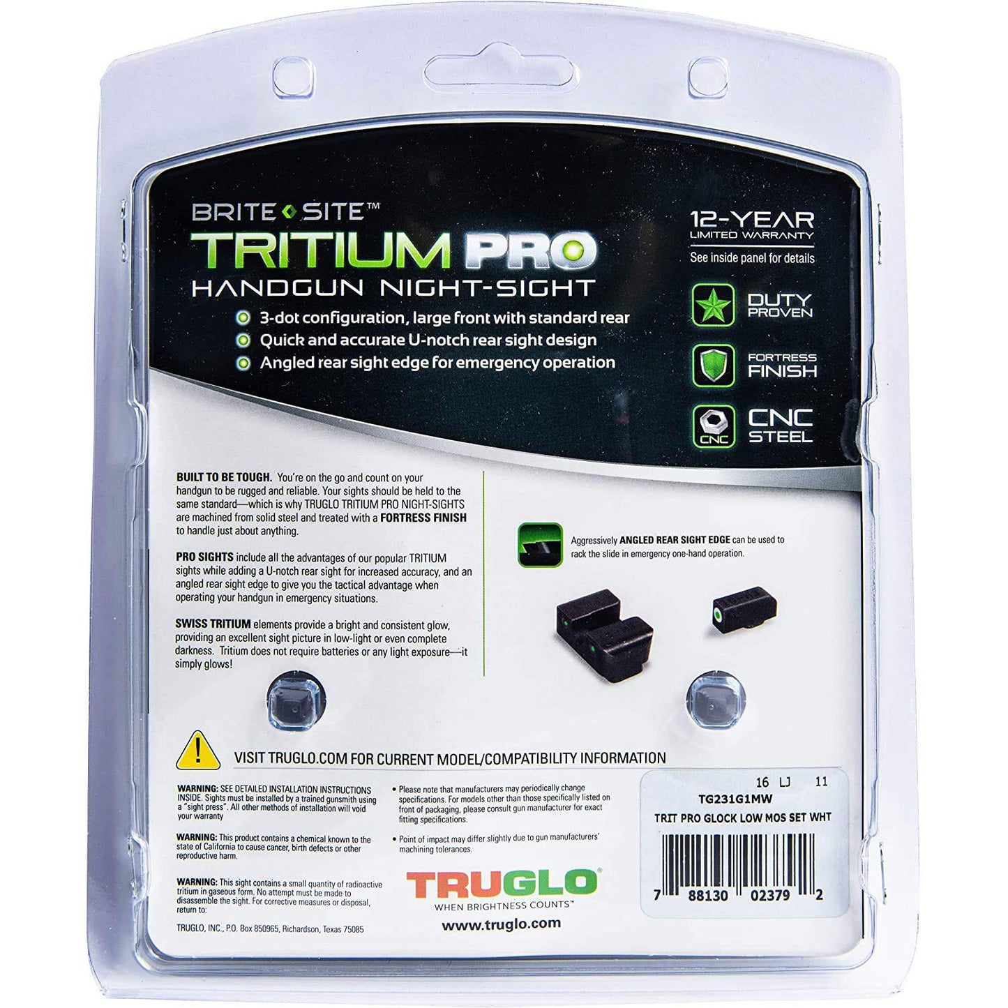 TruGlo Tritium Pro Glow in the Dark Handgun Glock Pistol Sight with Focus Lock Ring and Fortress Finish for Glock 17, 19 and Other Handgun Models