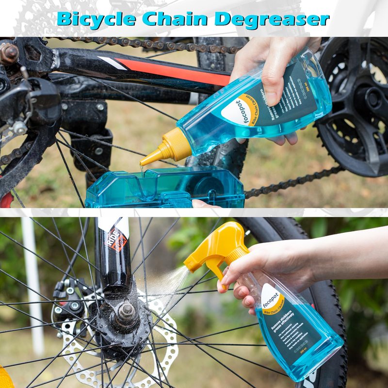 focopot Bike Chain Cleaner Kit with Bicycle Cleaner(25 oz),Degreaser(10 oz),Oil Lubricant(2 oz),Cleaning Brush Tool,Bike Chain Cleaning kit to Clean and Lube Mountain/Road/MT/E Bike