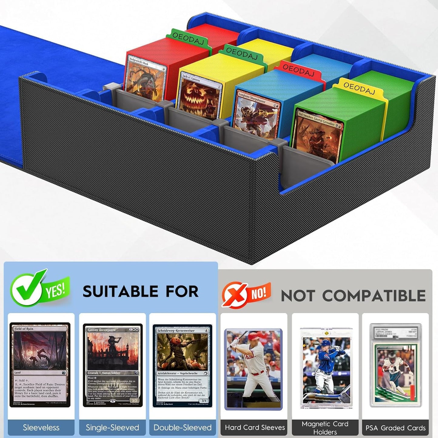 Trading Card Storage Box - 3200+ MTG Card Organizer with 24 Colorful Dividers & 4 Stands | Fits Yu-Gi-Oh & Game Cards (Black & Blue)