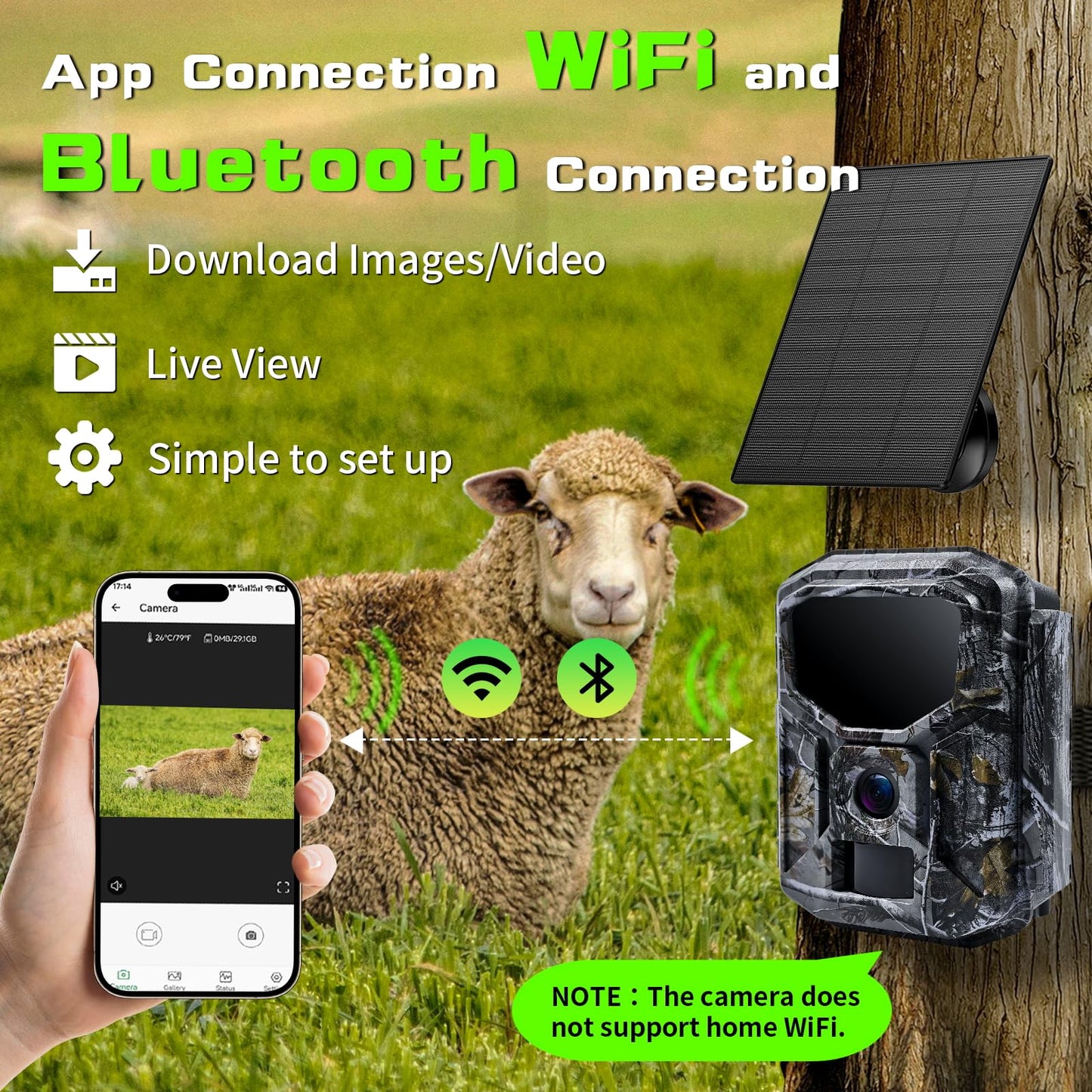 Fargarloo Trail Camera Solar Powered - 2K 60MP WiFi Game Camera, 0.1s Trigger, 7800mAh Forever Power, 65FT Detection, Low Glow Night Vision, IP66 Waterproof, 32GB Included for Wildlife Monitoring
