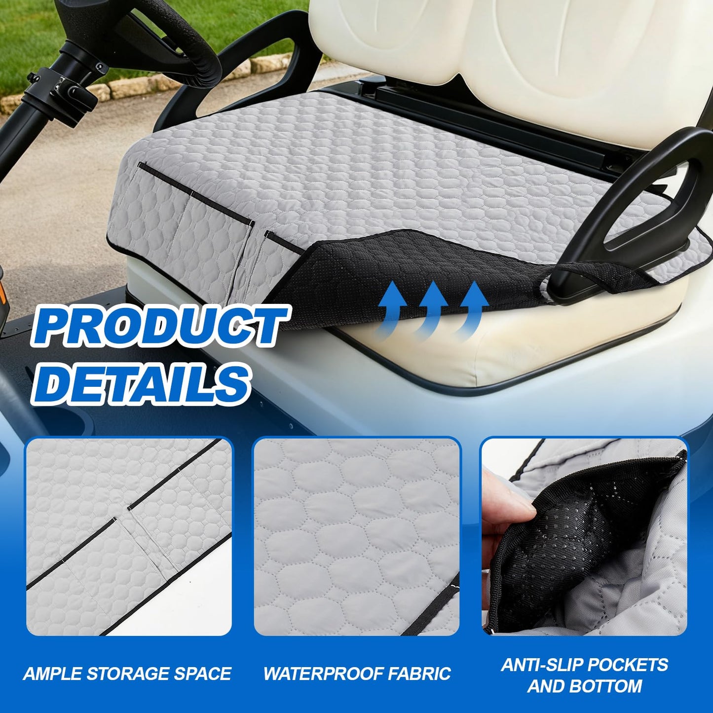 Gilprop 2 Pcs Grey Golf Cart Seat Covers, 51"x 31" Cool and Sweat Absorption Golf Cart Seat Towel Blanket with 4 Front Pockets & Nonskid Pocket and Nonskid Bottom for Home, Party