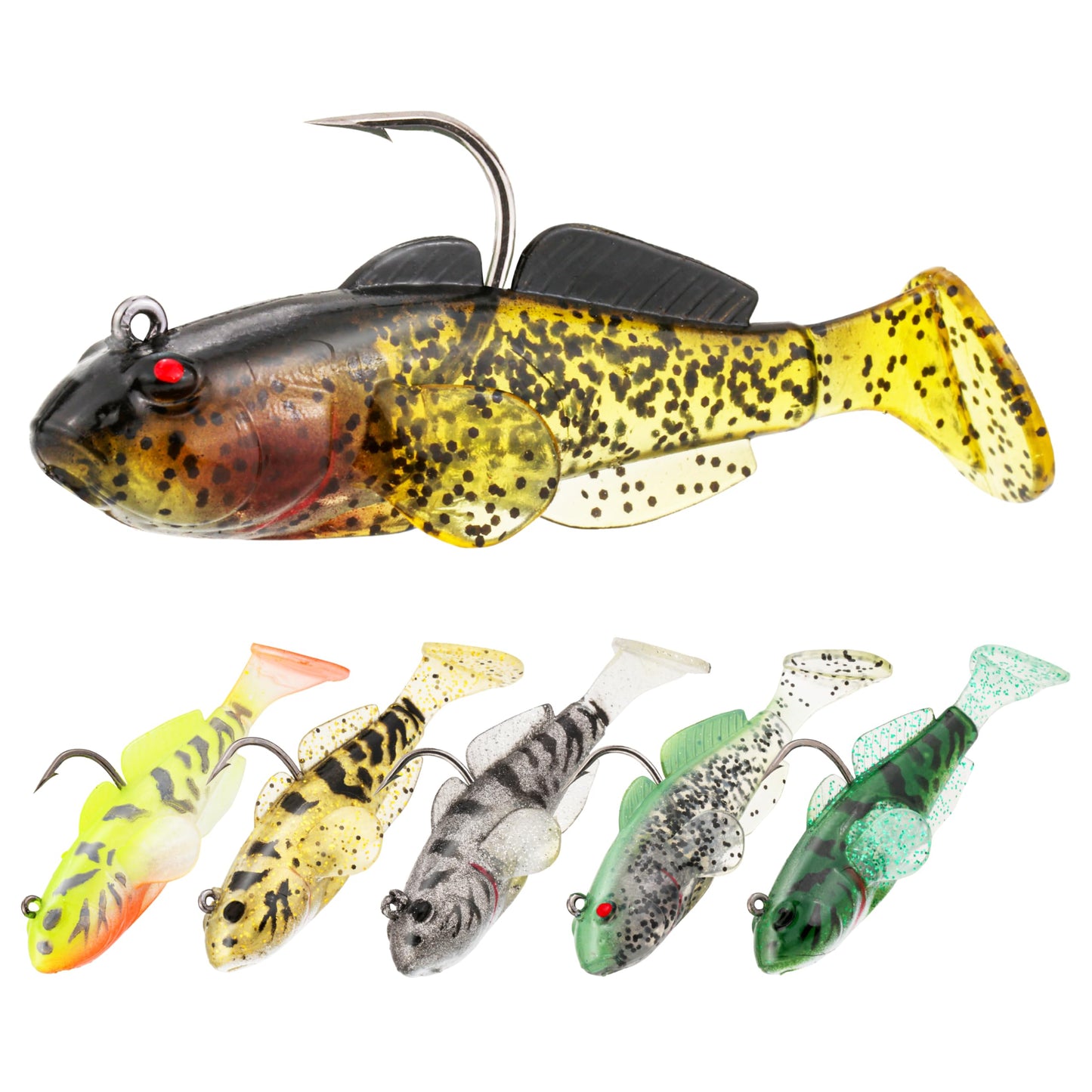 PROBITE Spotted T-Tail Swimbait Lures (6-Pack) – Pre-Rigged Soft Leadhead Jigs, Multi-Color Fishing Lures for Bass, Trout, Crappie in Freshwater & Saltwater