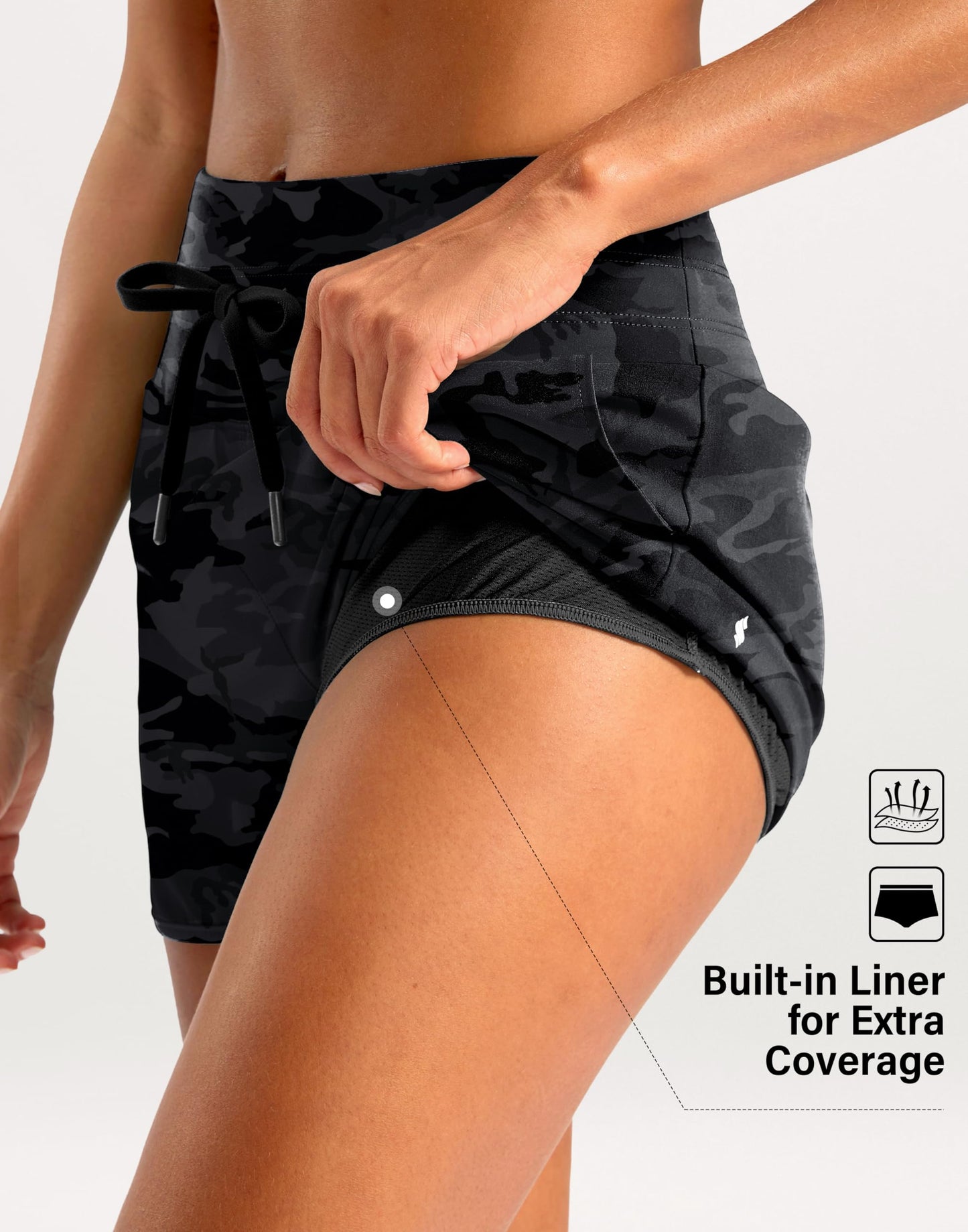 Soothfeel Women's Athletic Running Shorts with Zipper Pockets 3" High Waisted Workout Active Gym Shorts for Women with Liner Black Camo Medium