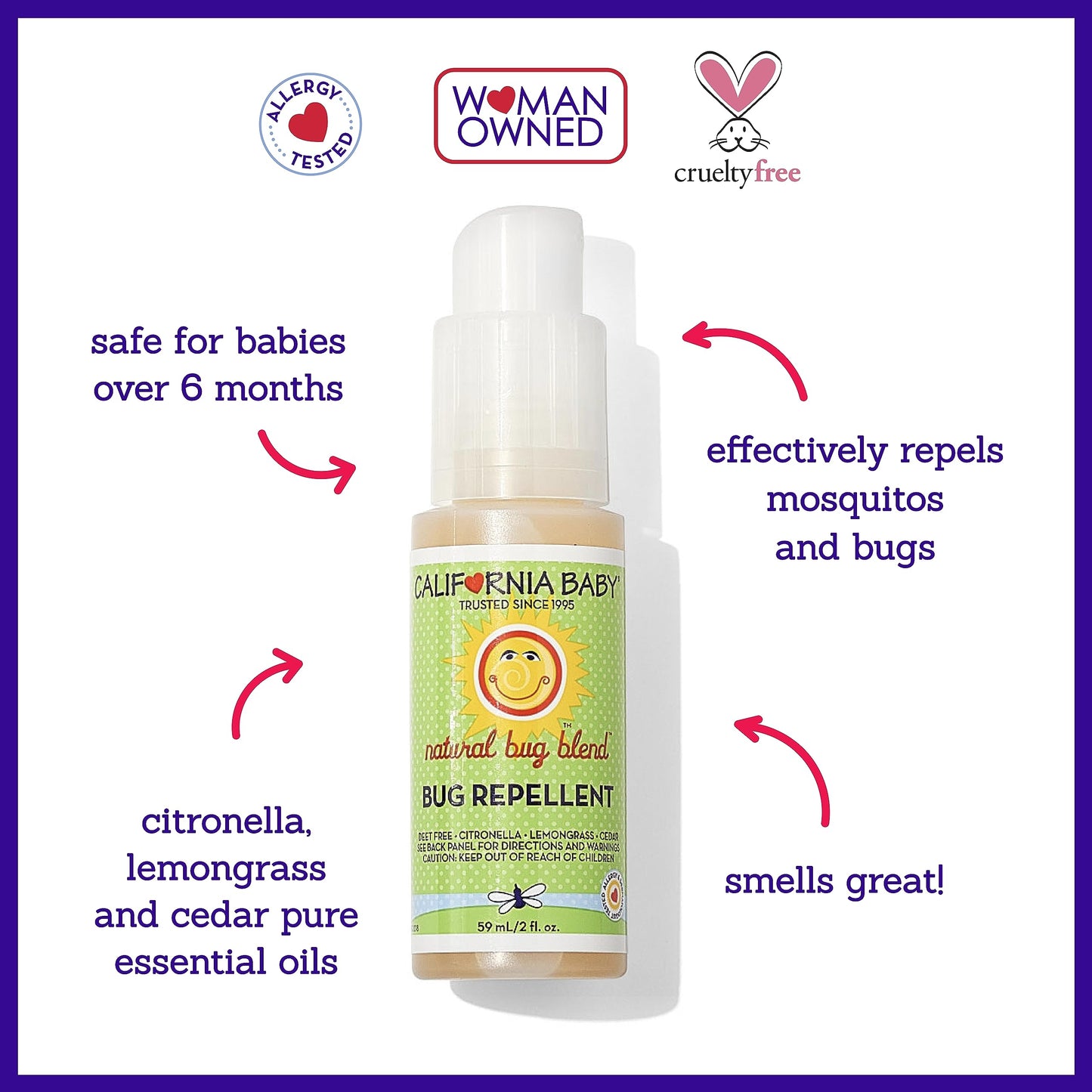 California Baby Natural Bug Repellent Spray | Citronella Bug Spray | DEET-Free | Repels Mosquitoes + Bugs | Allergy Friendly | Great Smell | Baby & Adult Insect Repellent Spray | 59 mL / 2 oz.