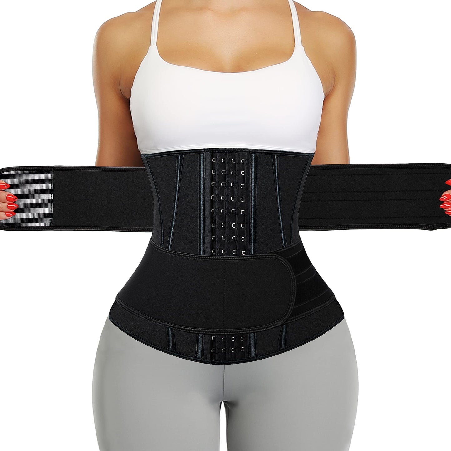 KIWI RATA Neoprene Sauna Waist Trainer Corset Sweat Belt with 2 Straps for Women X-bones Compression Workout Fitness Double Cincher Belts,#3 Hooks Black,Medium