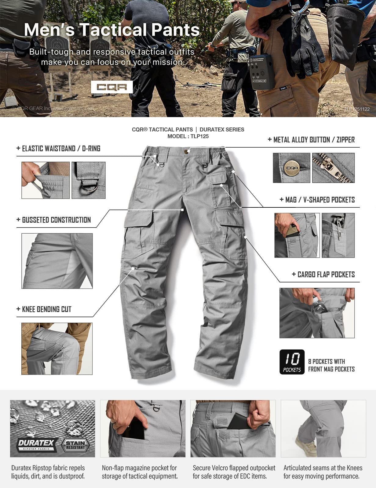 CQR Men's Tactical Pants, Water Resistant Ripstop Cargo Pants, Lightweight EDC Work Hiking Pants, Outdoor Apparel, Duratex Mag Pocket Stone, 42W x 32L