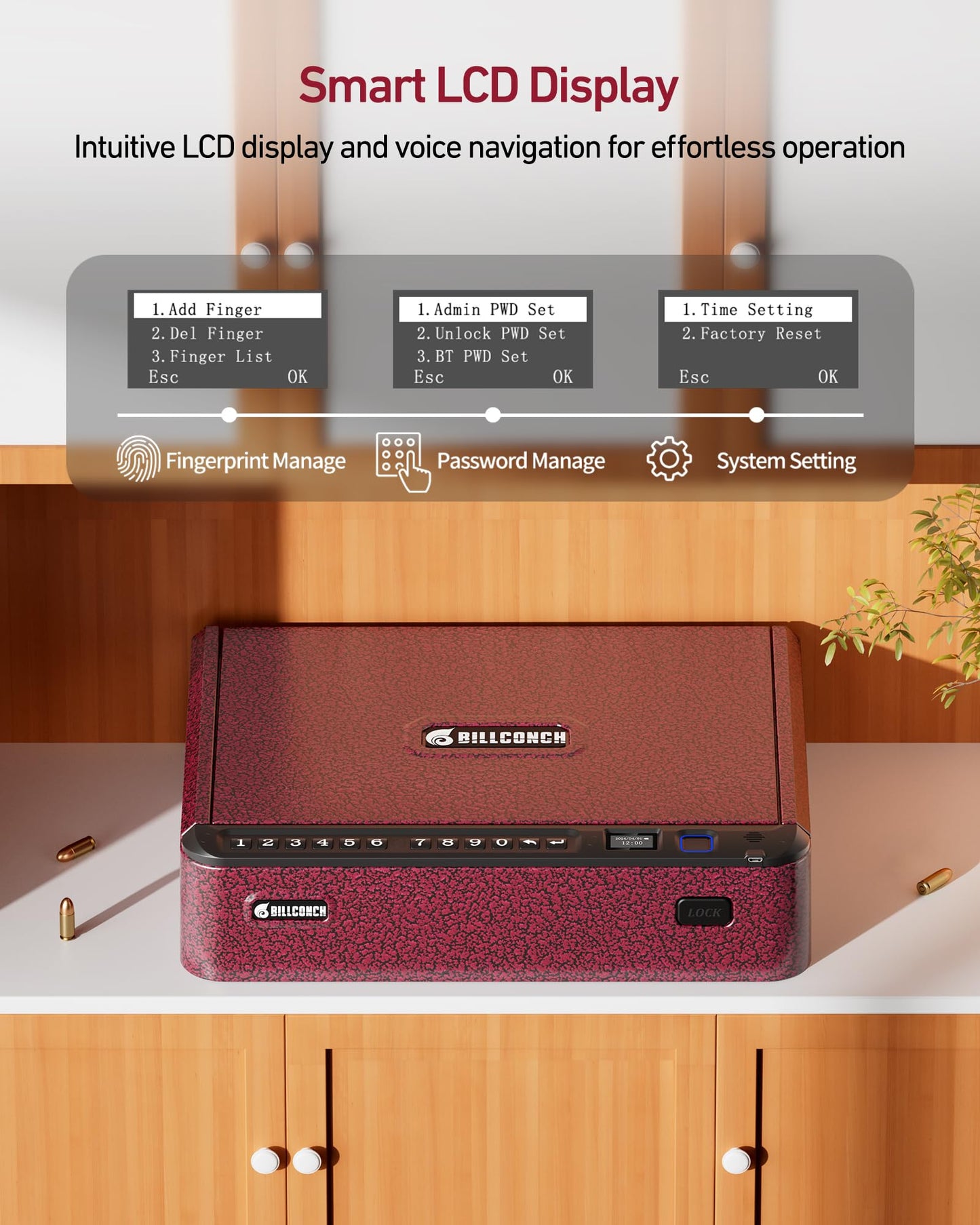 BILLCONCH Smart Gun Safe with 4 Quick-Access Methods, LCD & Security Cable