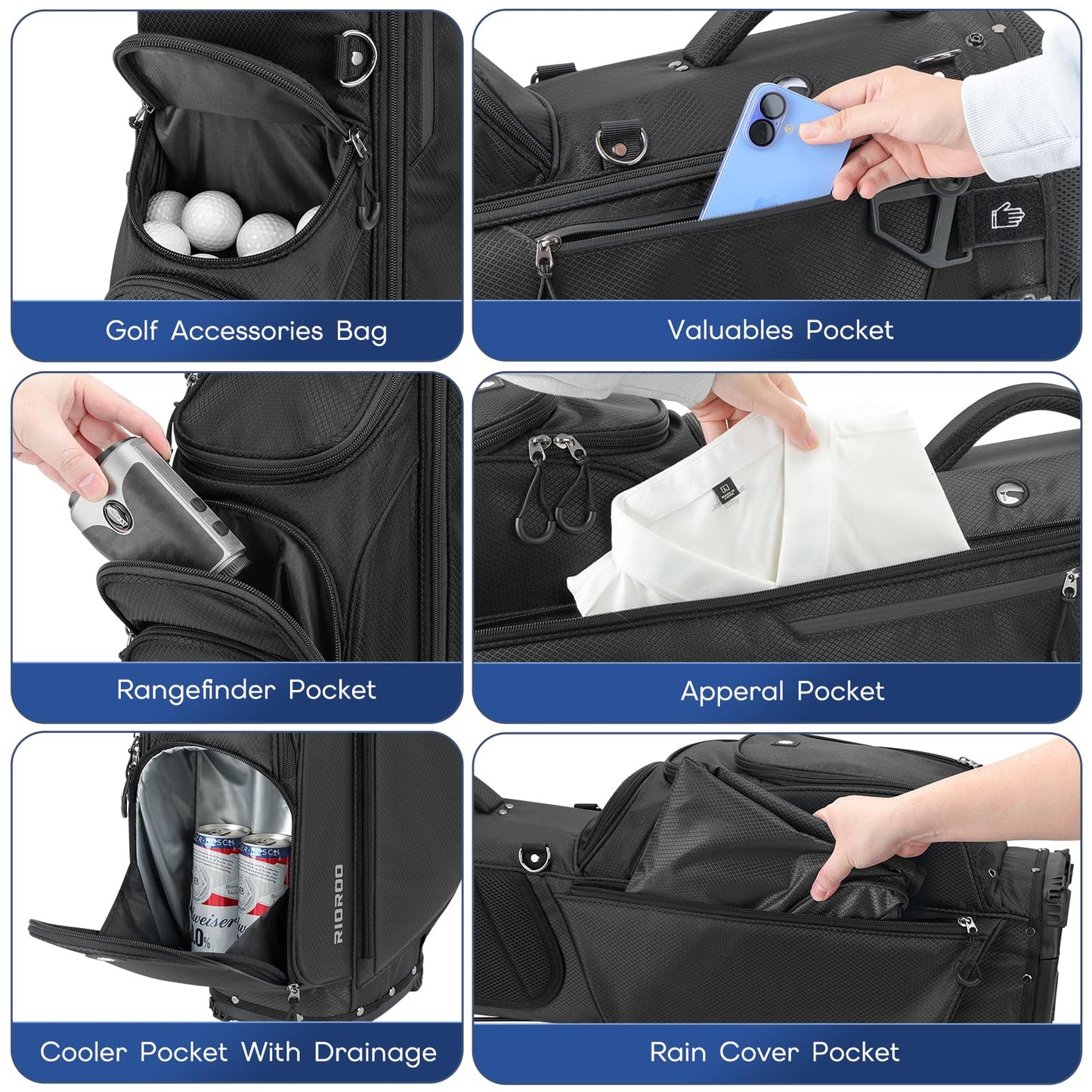 RIOROO 5 Way Golf Stand Bag with Full Length Dividers, Lightweight Golf Bag with Rain Cover, 6 Zippered Pockets & Cooler Bag, Breathable Straps