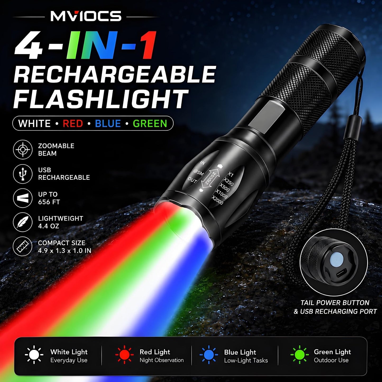 MVIOCS 4-in-1 Red Rechargeable Flashlight - Multi-Color LED (White/Red/Blue/Green) Torch with 4 Modes, High Lumens Zoomable Flashlight for Camping, Observation, Emergency & Outdoor Adventures
