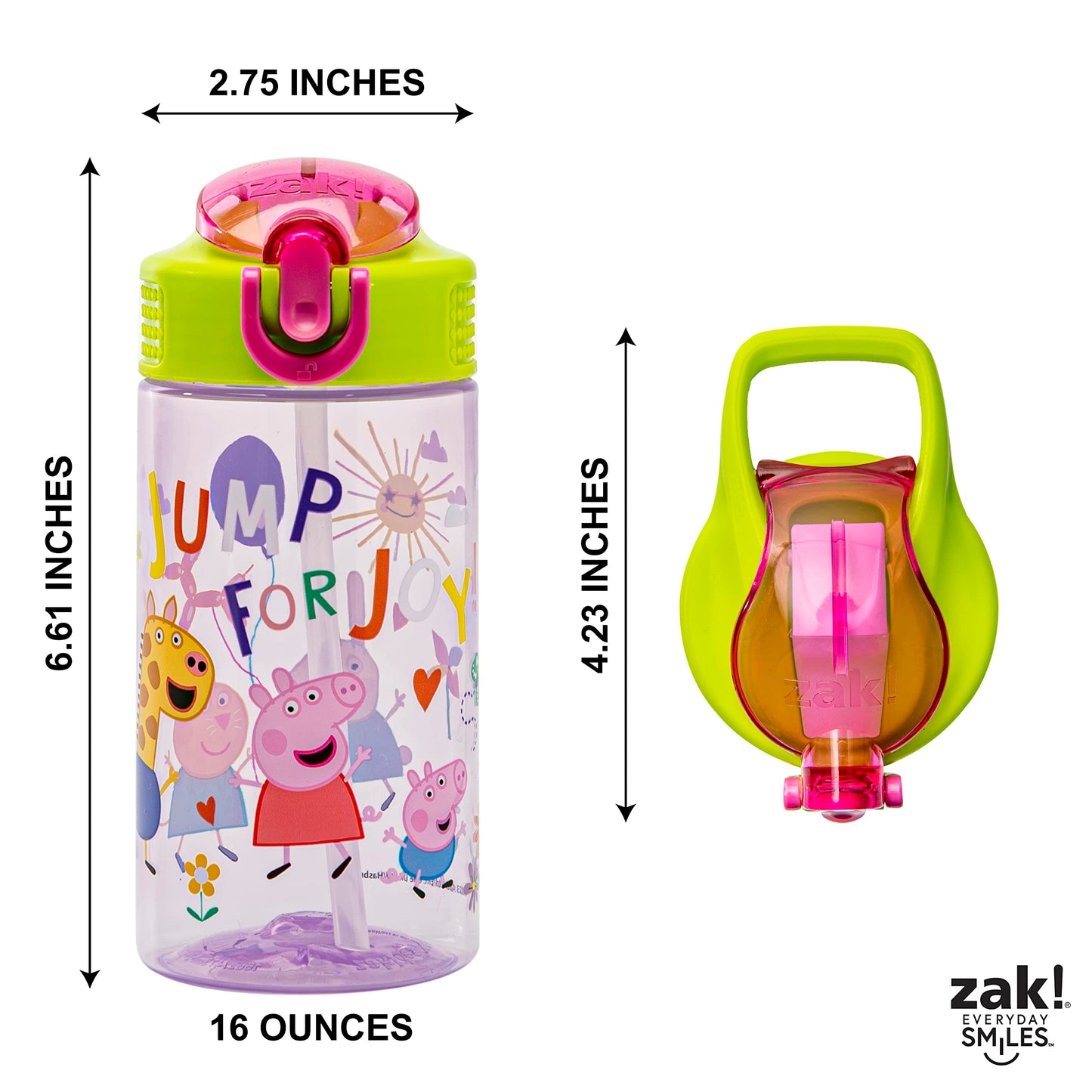 Zak Designs Peppa Pig Kids Water Bottle For School or Travel, 16oz Durable Plastic Water Bottle With Straw, Handle, and Leak-Proof, Pop-Up Spout Cover (Peppa & Friends)