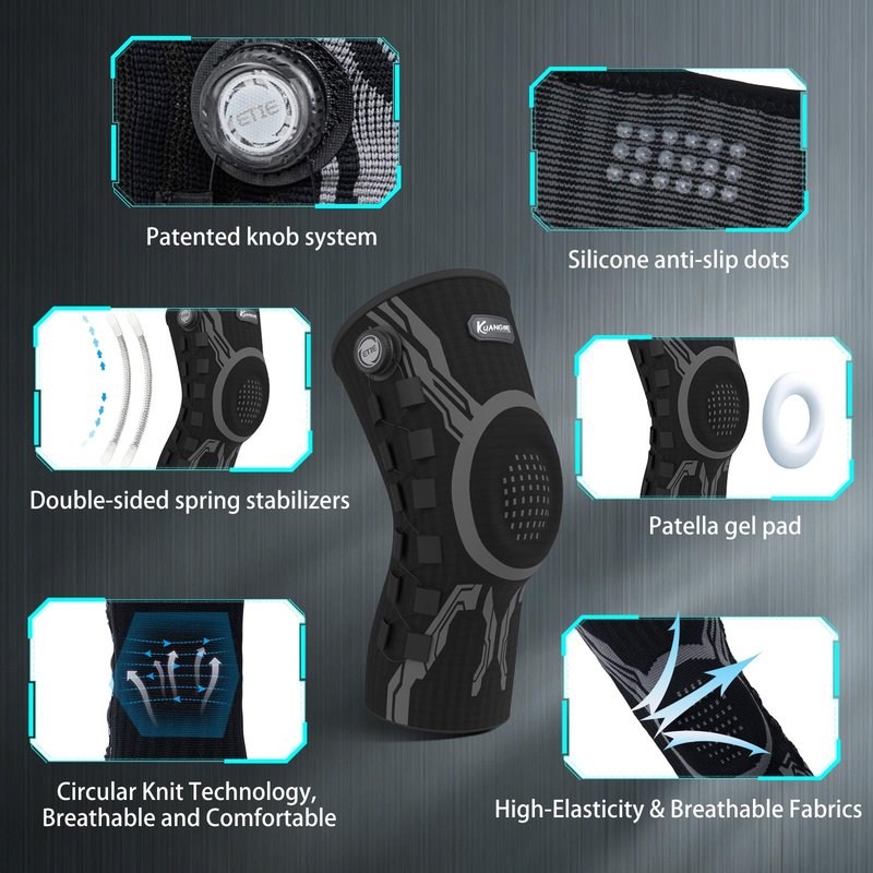 Kuangmi Knob Knee Brace for Pain Relief, Knee Support with Patella Gel Pad & Side Stabilizers, Compression Knee Sleeve for Workout, Arthritis, Joint Pain, Meniscus Tear (Black,Right,Large,Single)
