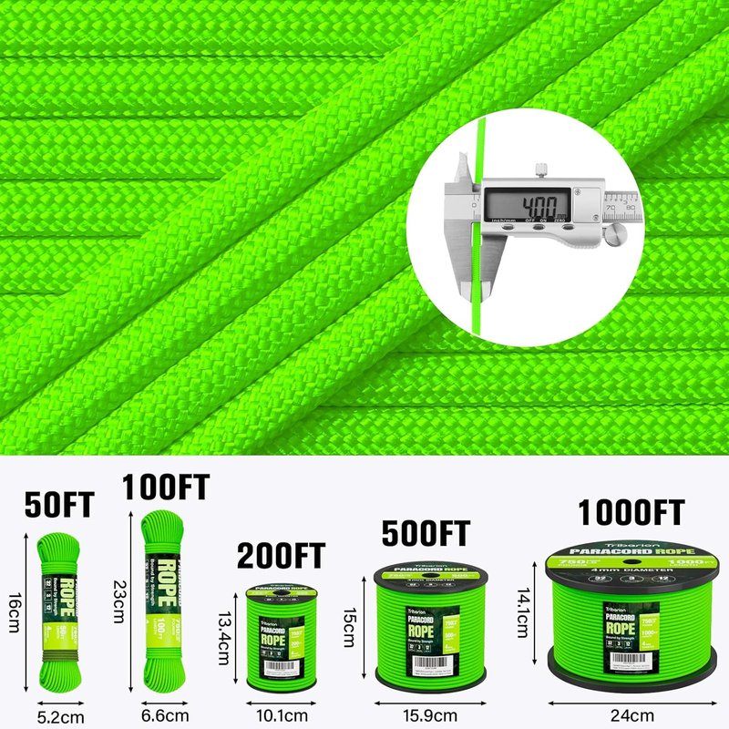 Paracord Rope 750 lb - 100ft Heavy Duty 12-Strand Parachute Cord | Neon Green for Camping, Survival Gear
