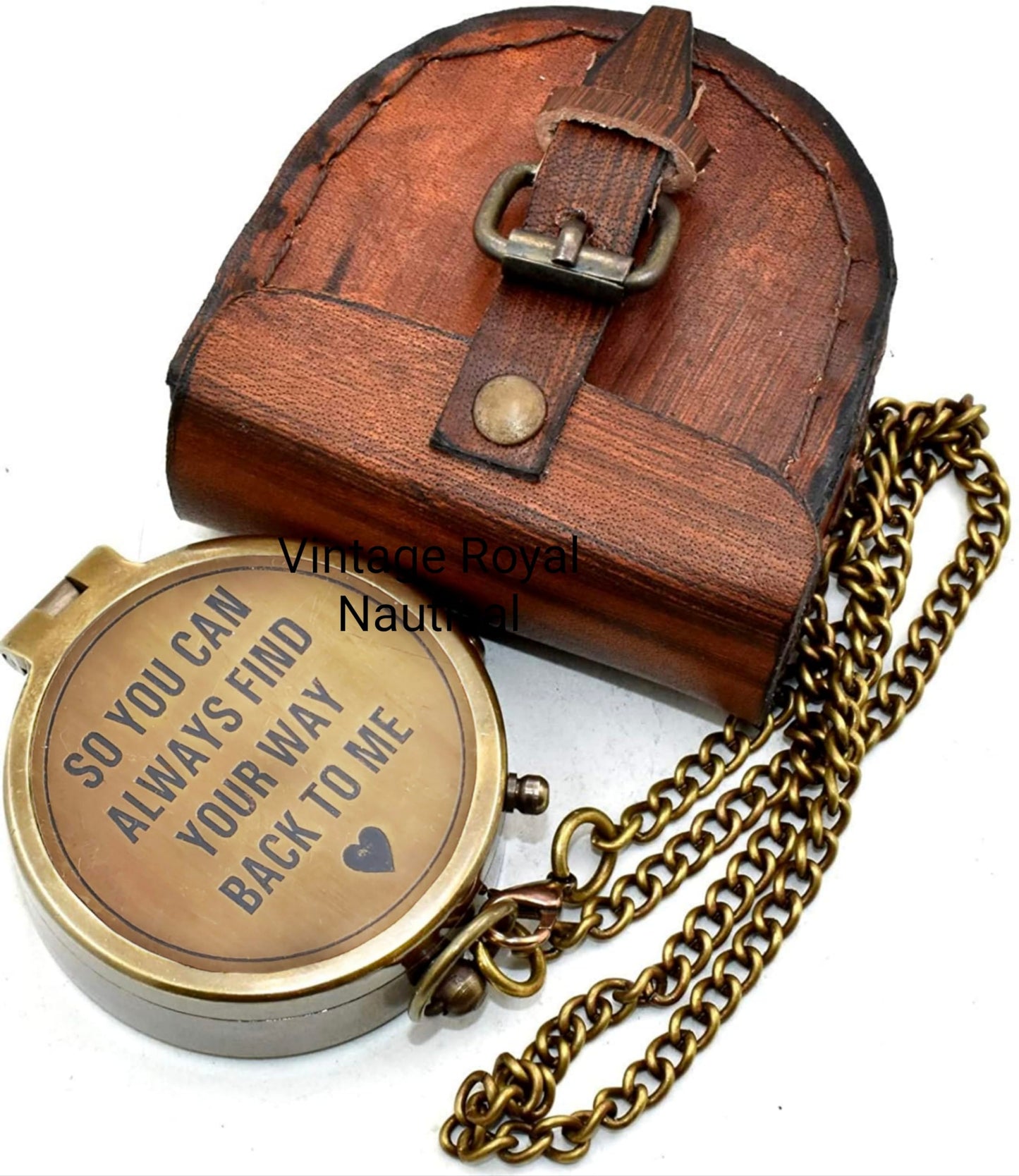 AASIYA Brass Chain Compass with Leather Case for Hiking and Camping - Engraved Pocket Compass - Vintage Navigation Tool