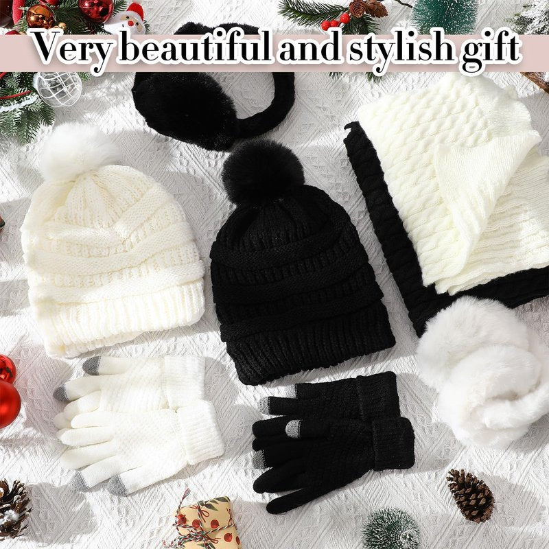 Suhine 8 Pcs Winter Hat Scarf Gloves Earmuff Set Knit Beanie Pompom Hat Warm Touch Screen Gloves for Women Men Adult(Black,White,Chic Style)