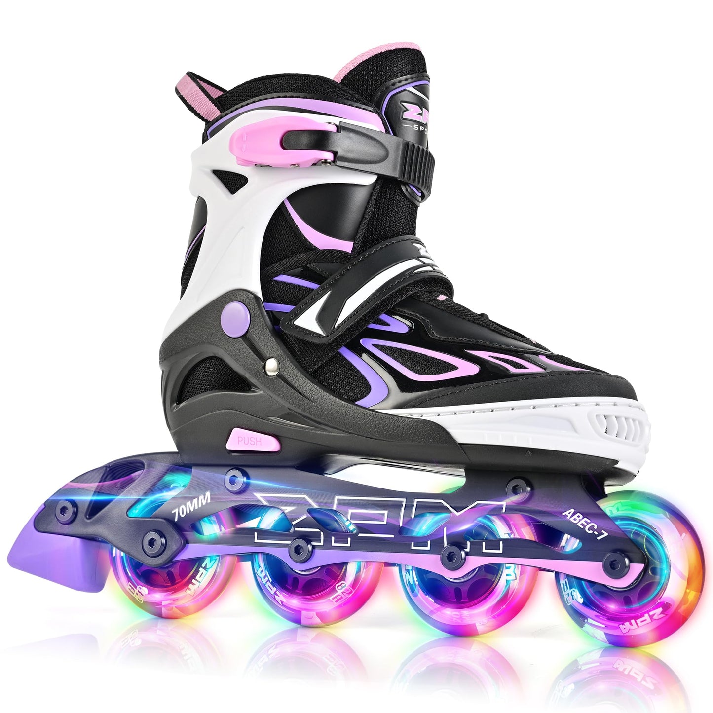 2PM SPORTS Vinal Inline Skates for Girls Boys Kids Ages 5-8 8-12 with Adjustable Illuminating Wheels, Inline Roller Skates for Youth Women Men - Purple Pink Small