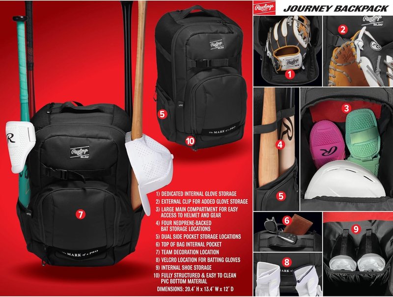Rawlings Journey Player's Baseball & Softball Backpack - Durable Equipment Bag | Multiple Colors