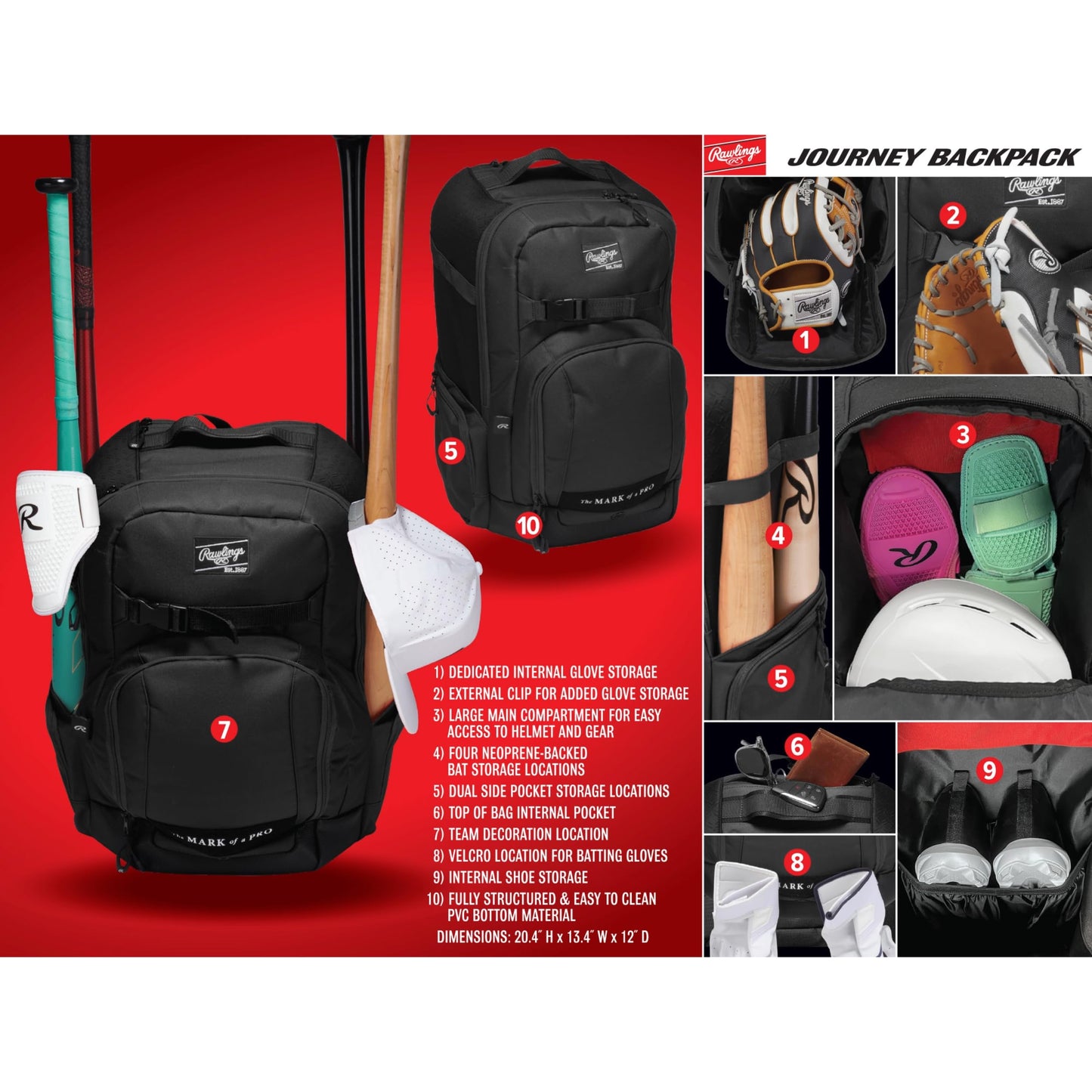 Rawlings | THE JOURNEY Player's Backpack | Baseball/Softball | Maroon
