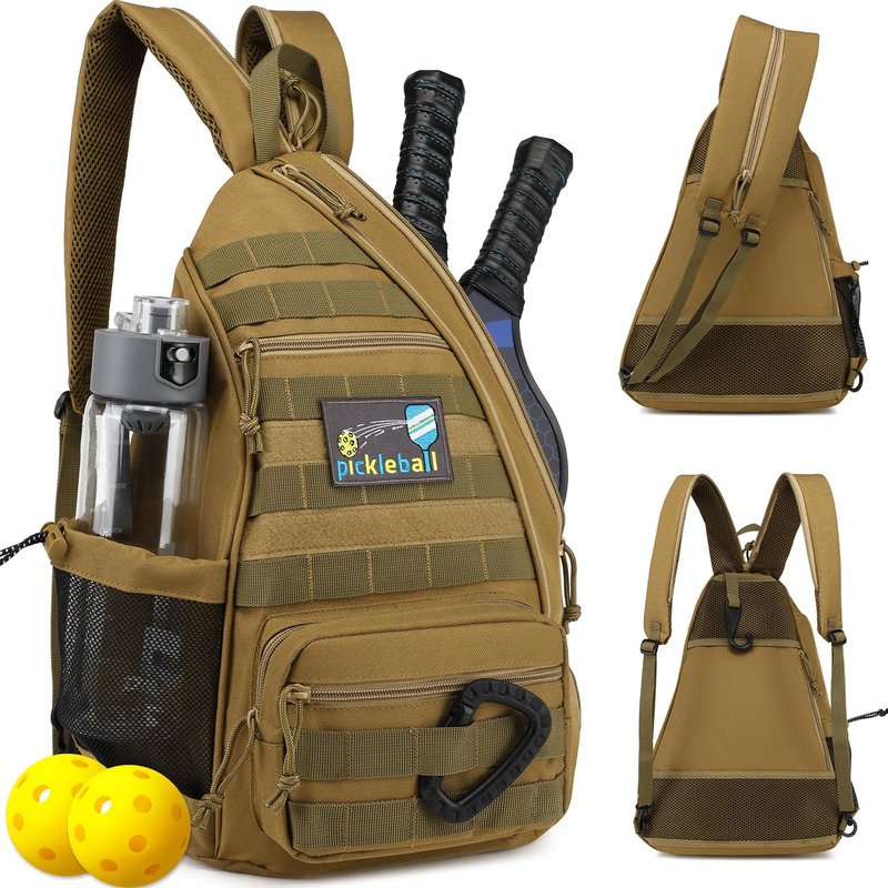 SunForMorning Pickleball Bag, Tactical Pickleball Backpack for Women Men, Adjustable Sling Bag with Fence Hook Water Bottle (Includes 2 Patches+1Carabiner), Brown