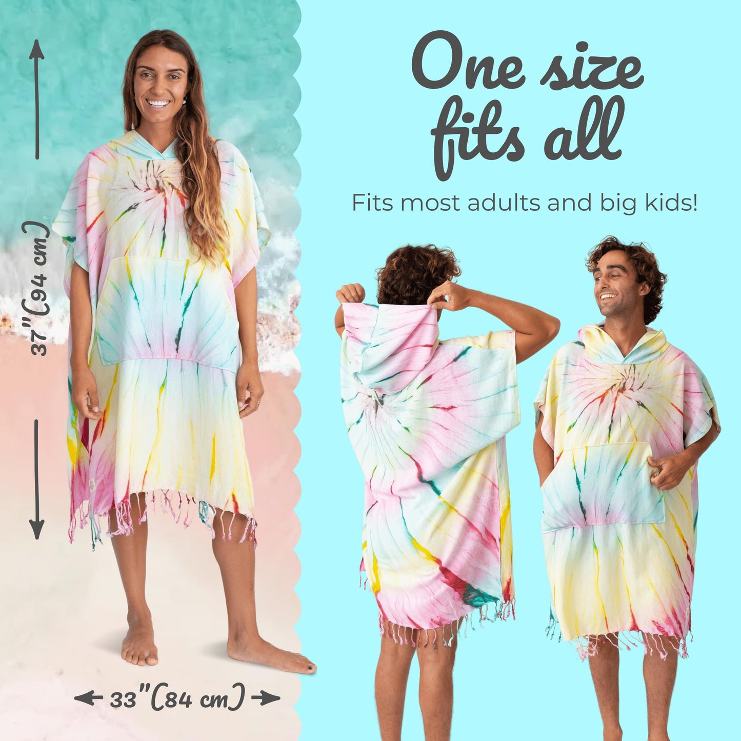 Nova Blue Surf Poncho – Large Changing Towel (33 x 37) – 100% Cotton Hooded Towel Adult for Surf Beach Pool and Swim (Multi tie-dye)