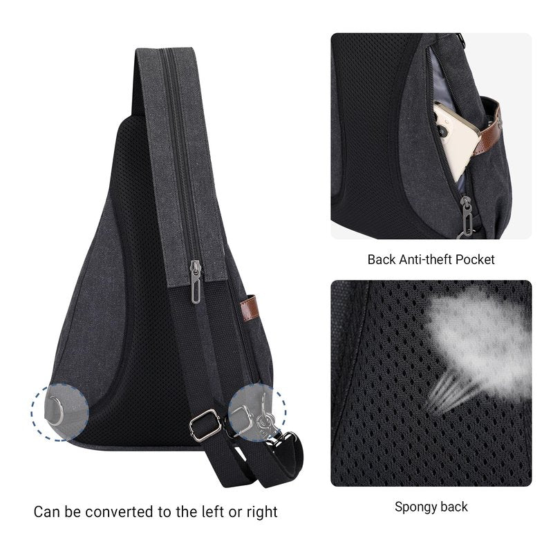 WITZMAN Canvas Sling Bag for Men Women Convertible Sling Backpack Crossbody Vintage Chest Bag Travel Casual Daypack（A8003 Black）