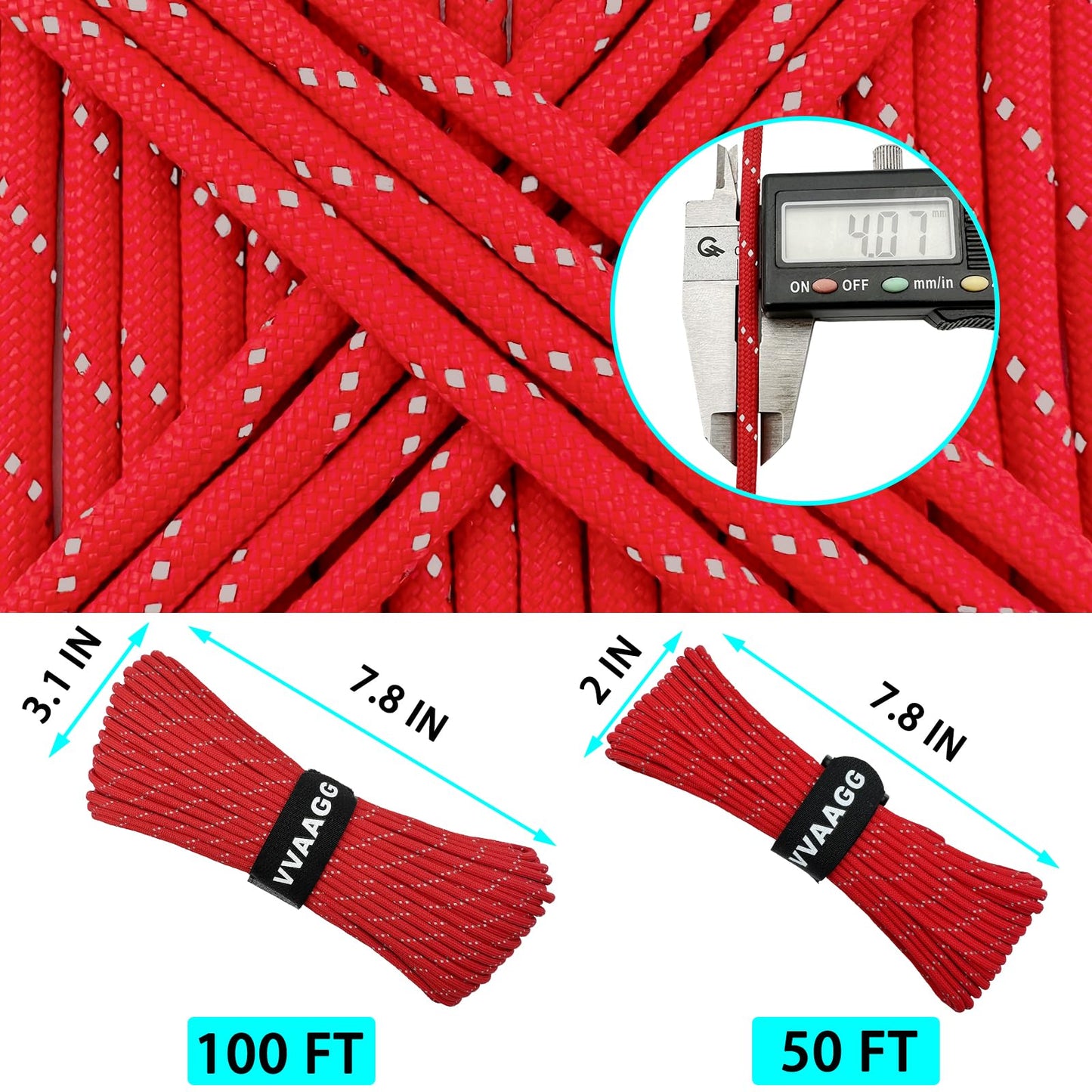 VVAAGG Reflective Paracord Rope 100FT, 7 Strand Nylon para Cord Lanyard Utility 550 Parachute Cord, 4mm Thin Tent Rope for Outdoor Camping Hiking (Red)