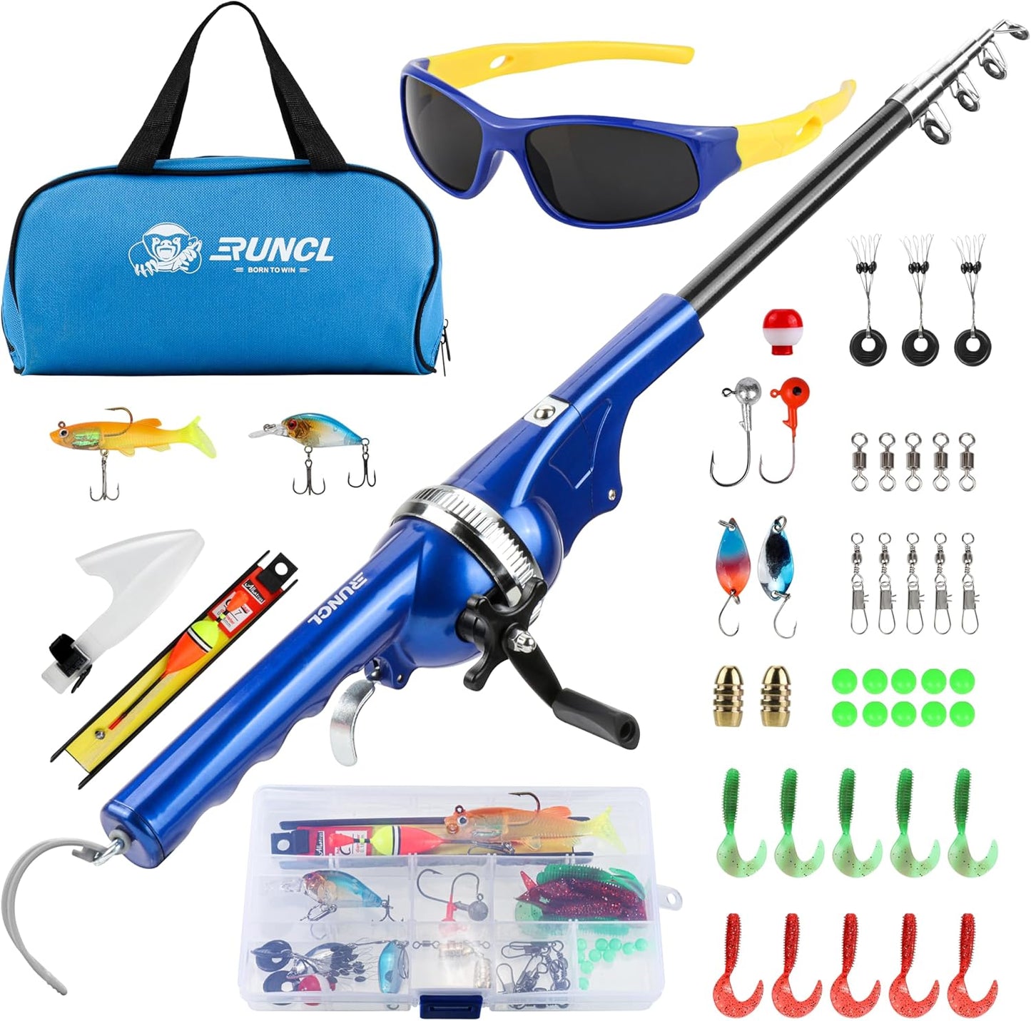 Kids Fishing Pole - Portable Folding Rod & Reel Combo Kit | Includes Sunglasses, Tackle Box & Travel Bag