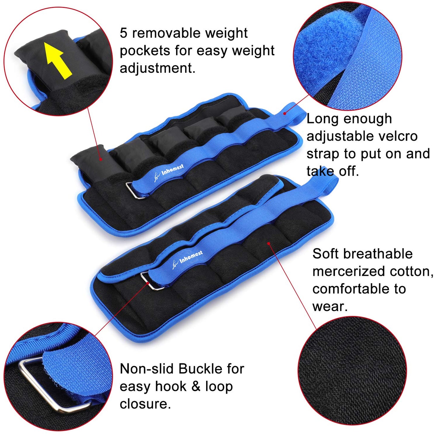 Inhomest Adjustable Ankle Weights 1-5Lbs Leg Weights for Men Women,Wrist Ankle Weights for Physical Therapy,Yoga Pilates,Workout,Walking,Jogging,Each Pack 0.5-2.5 lbs, Total 5LBS Pair, Blue