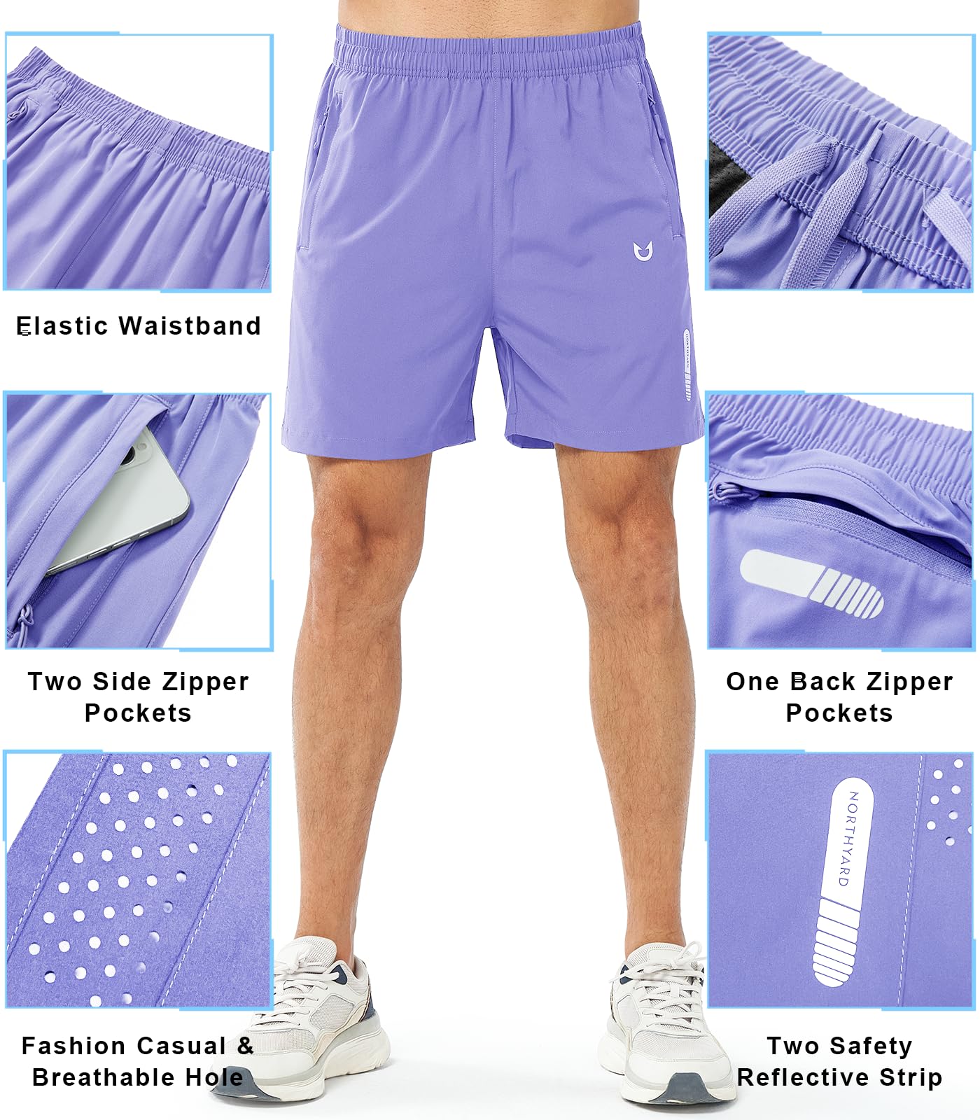 NORTHYARD Men's Athletic Running Shorts Gym Workout 7"/9"/5" Quick Dry Lightweight Sports Basketball Tennis 3 Zipper Pockets VIOLET-5inch S