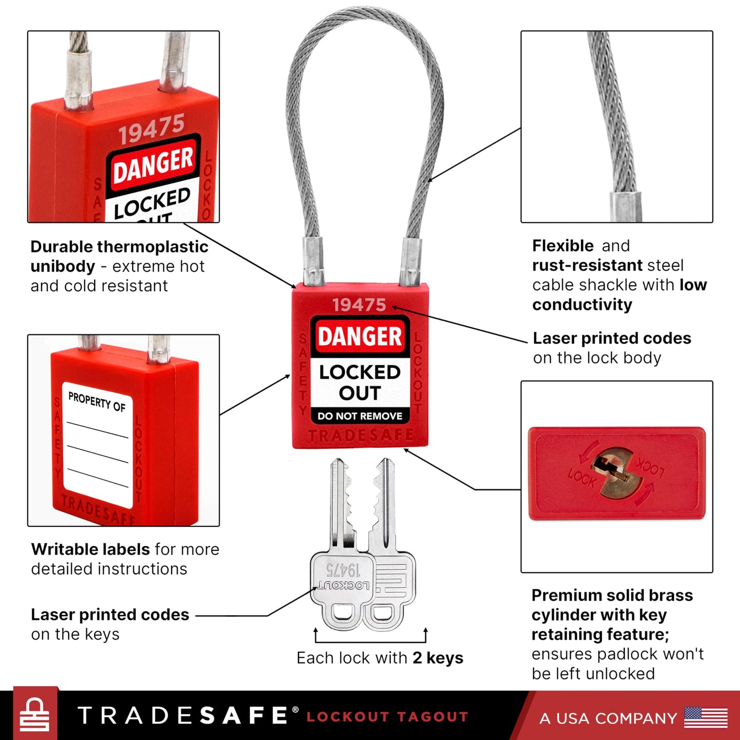 TRADESAFE Lockout Tagout Steel Cable Locks with Keys - 10 Red Keyed Alike Unlimited Grouping Electrical Lockout Padlock Set, 2 Keys Per Lock, Premium Grade Loto Locks, OSHA Compliant