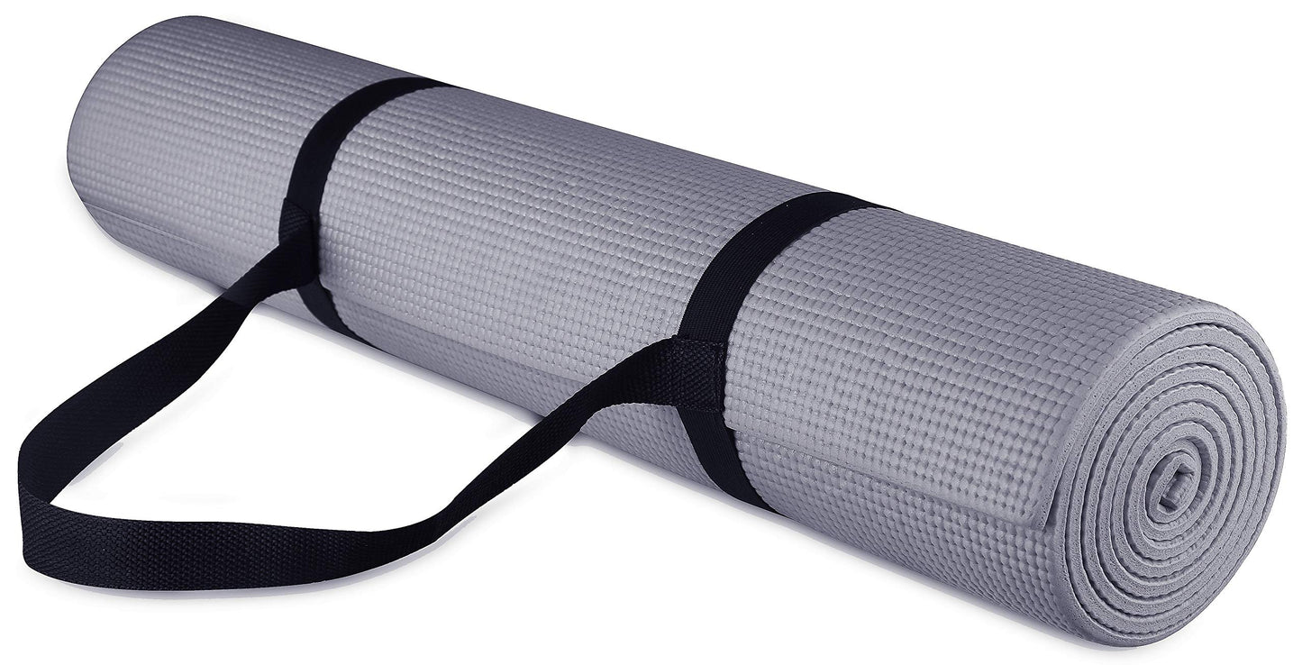 Signature Fitness All Purpose 1/4-Inch High Density Anti-Tear Exercise Yoga Mat with Carrying Strap and Yoga Blocks, Gray