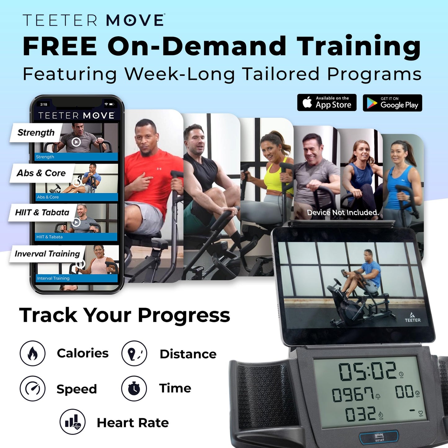 Teeter Power10 Rower with 2-Way Magnetic Resistance Elliptical Motion - Indoor Rowing Machine w/Bluetooth HRM Connectivity, Teeter Move App - Free Classes & Coaching (Power10 Max)