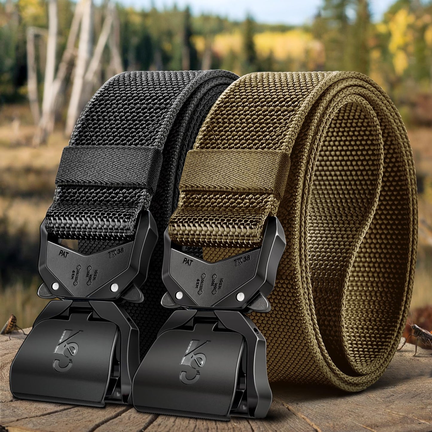 KEMISANT Men Tactical Belt,Stretch Nylon Belt Adjustable for Rigger Military Heavy Duty Work 1.5"-Quick Release(Black/Wood Thrush,42"-46" Waist Adjustable)