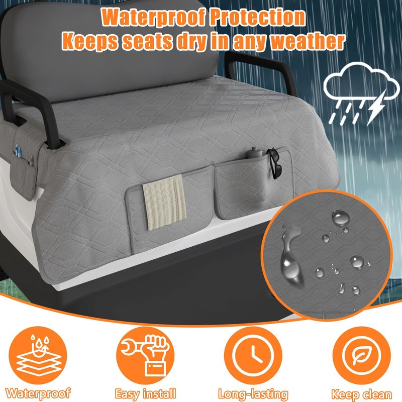Eolzzi Golf Cart Seat Cover for Club Car, Waterproof, Washable, Breathable, Non-Slip Golf Cart Cover with 3 Pockets, for Golf Lovers, Grey