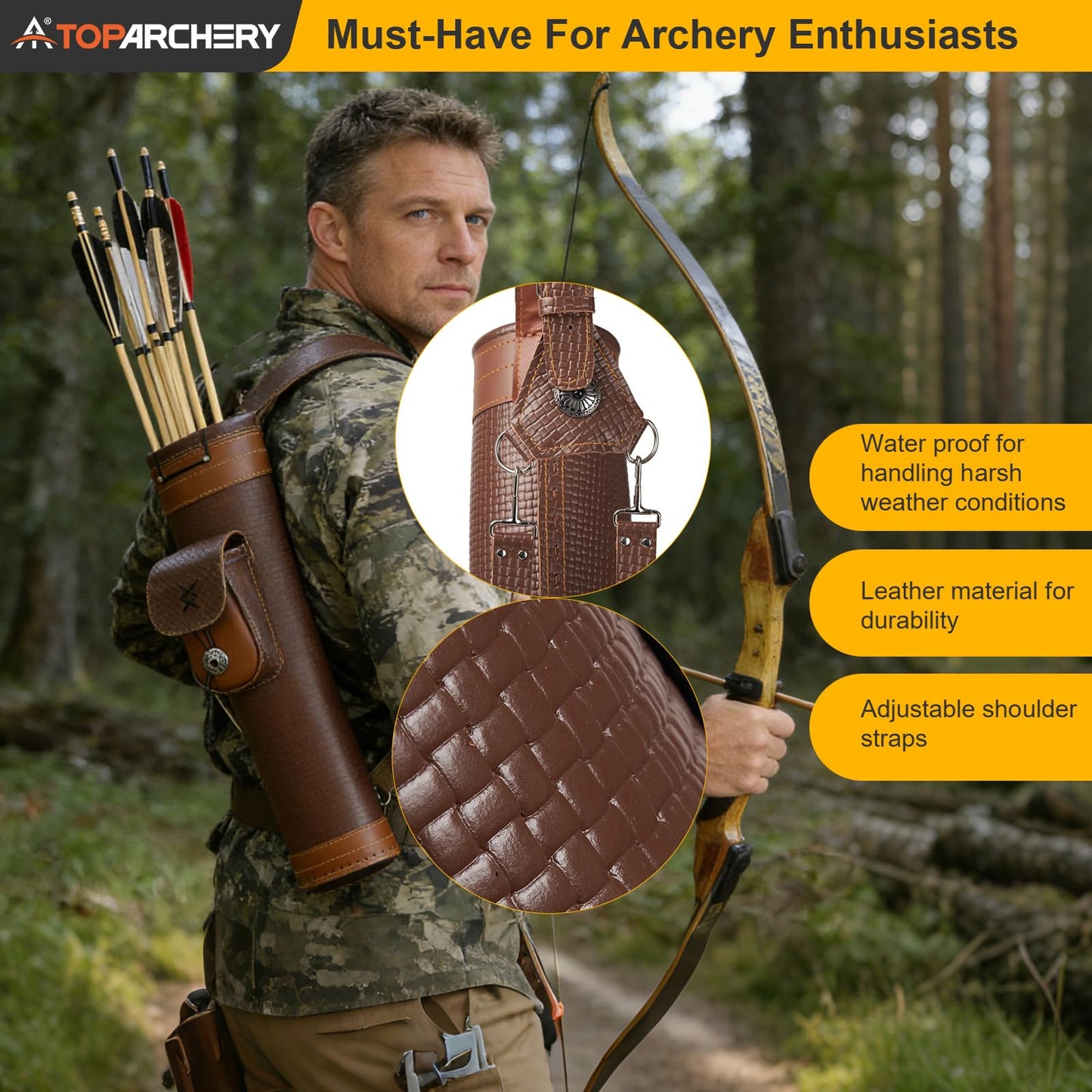 TOPARCHERY Traditional Shoulder Back Quiver Bow Leather Arrow Holder with Large Pouch Handmade Straps Belt Bag Brown