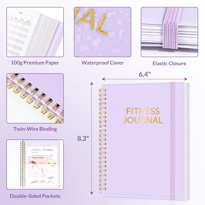 Fitness Journal Workout Planner for Women & Men, A5 (6.4" x 8.3") Workout Journal Log Book Planner Gift for Track Gym Essentials, Home Workouts, Track Progress, Achieve Wellness Goals, Purple