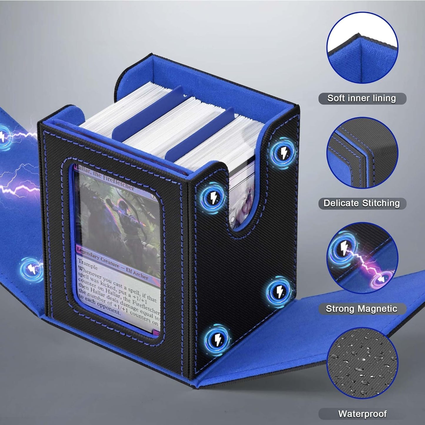 ZLCA MTG Deck Box - Trading Card Storage Box with Commander Window | Holds 100 Double-Sleeved Cards (Black & Blue)
