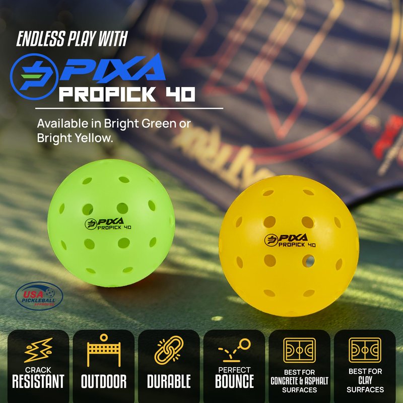 PIXA Propick 40 Unisphere Premium Outdoor Pickleball - USAPA Approved, Tournament Play, Durable Outdoor Pickleballs, Consistent Bounce,Smooth Flight,Competitive Play,Bright Yellow/Green,Pack of 12