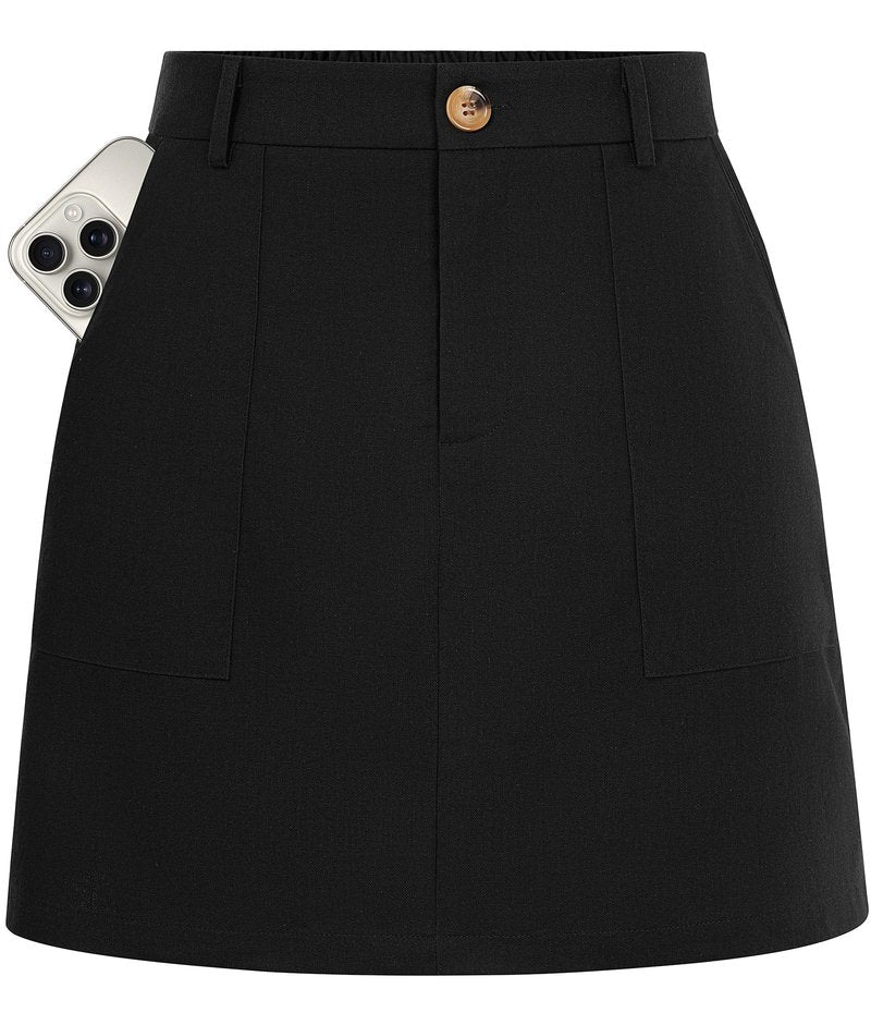 Kate Kasin Women Linen Mini Skirt with Shorts Underneath, High Waisted A Line Skort with Pockets, Dressy Casual Work Skirts Black Skirt