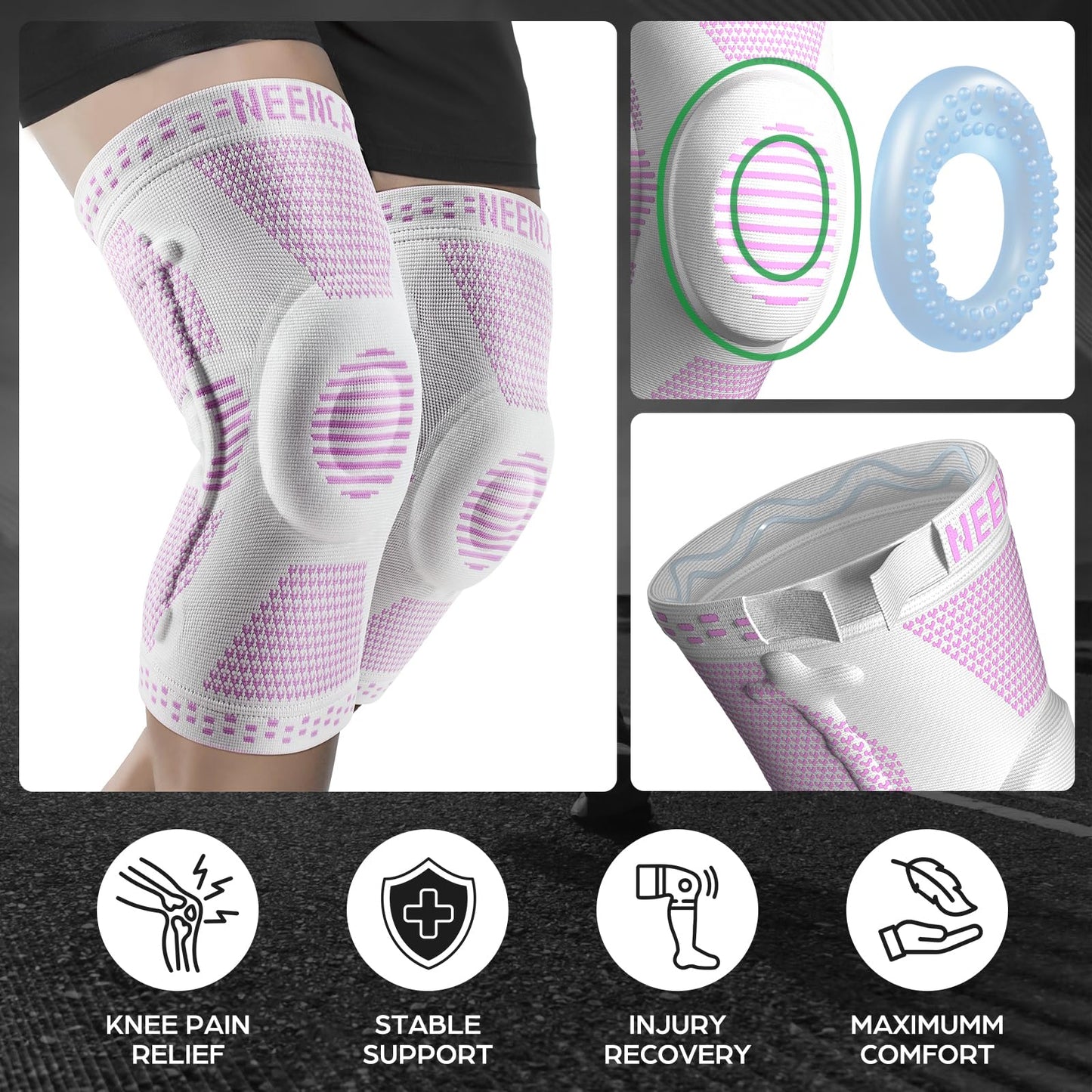 NEENCA Professional Knee Brace for Pain Relief, Medical Knee Support with Patella Pad & Side Stabilizers, Compression Knee Sleeve for Meniscus Tear, ACL, Joint Pain, Runner, Workout (Pink White, 3XL)