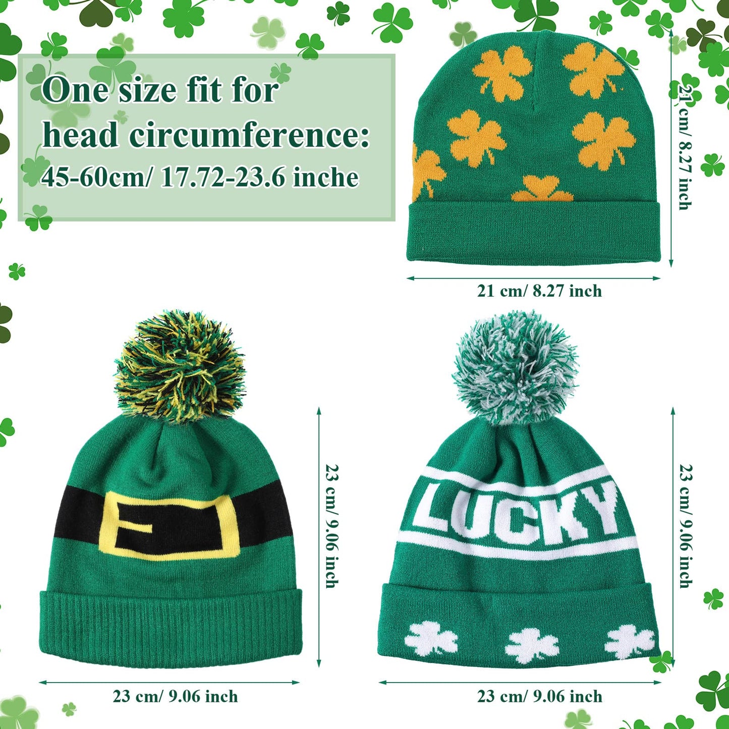 Vicenpal 3 Pcs St Patrick's Day Beanie Shamrock Winter Hat St Patricks Day Accessories Green Lucky Irish Shamrock Hat for Woman And Man