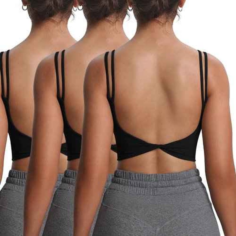 Aoxjox Women's Workout Sports Bras Fitness Yoga Crop Tank Twist Back Cami (Black 3 Pieces Pack, Medium)