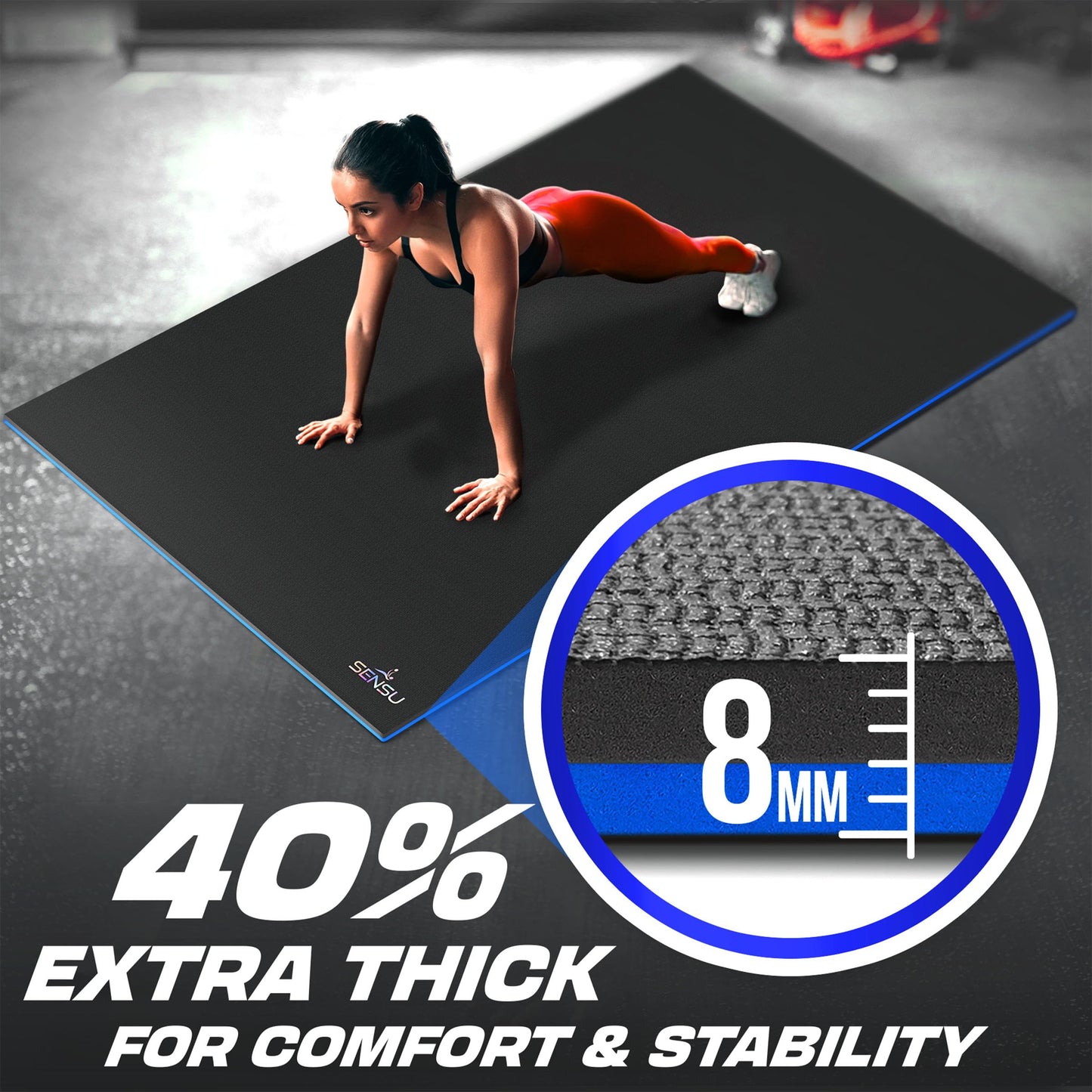 Sensu Large Exercise Mat – 7' x 5' x 8.5mm Extra Thick – Durable and Shoe-Friendly Workout Mat for Home Gym – Non-Slip Fitness Mat for Strength Training, Stretching, Cardio, and Balance Exercises