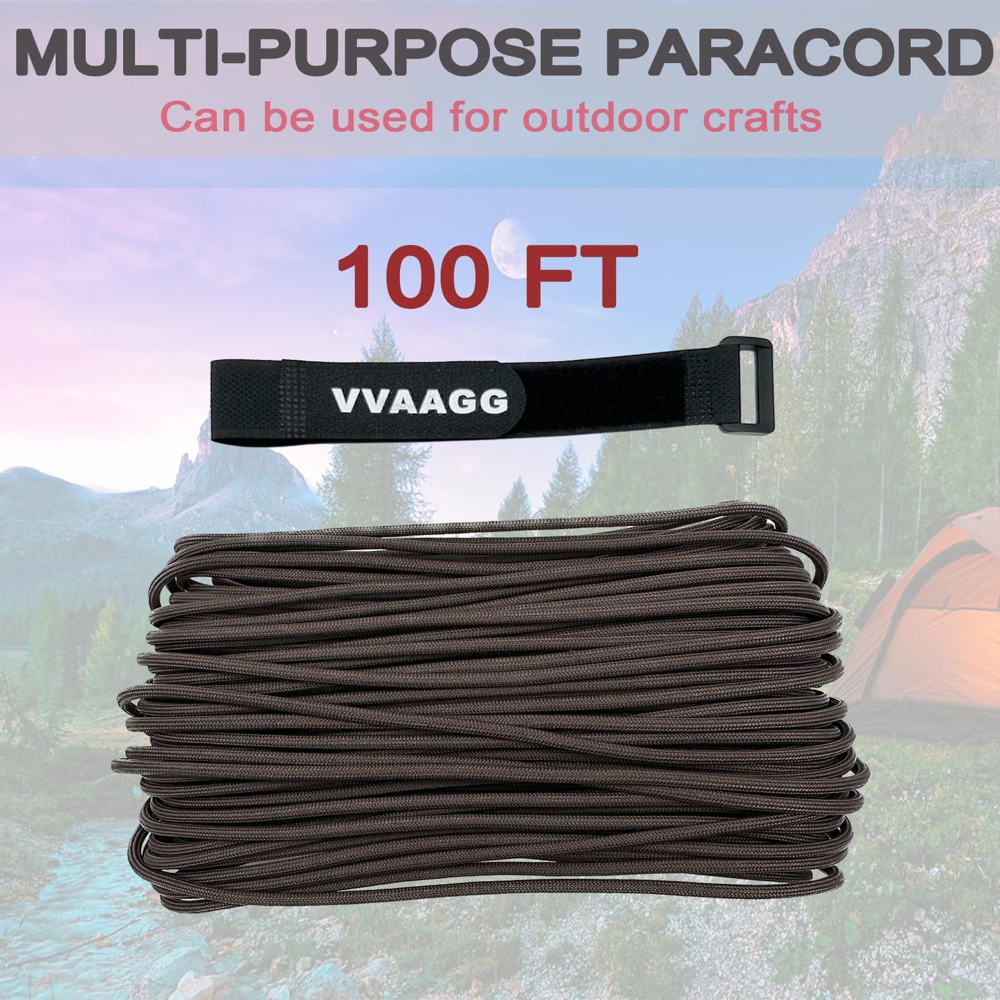 VVAAGG 550 Paracord 100FT 4mm Durable Camping Rope, Tent Rope, Clothsline Rope, Marine Weatherproof Rope, Nylon Parachute Cord Rope (Coffee)