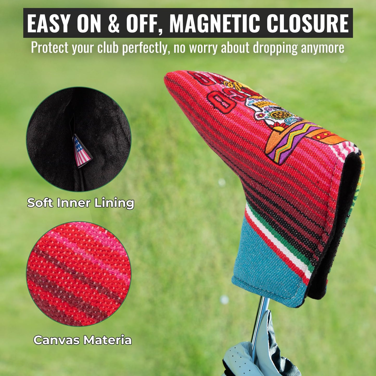 Golf Blade Putter Cover, Golf Blade Covers with Strong Magnetic Closure, Colorful Skull Design Putter Head Cover Durable Canvas Material Blade Putter Headcover