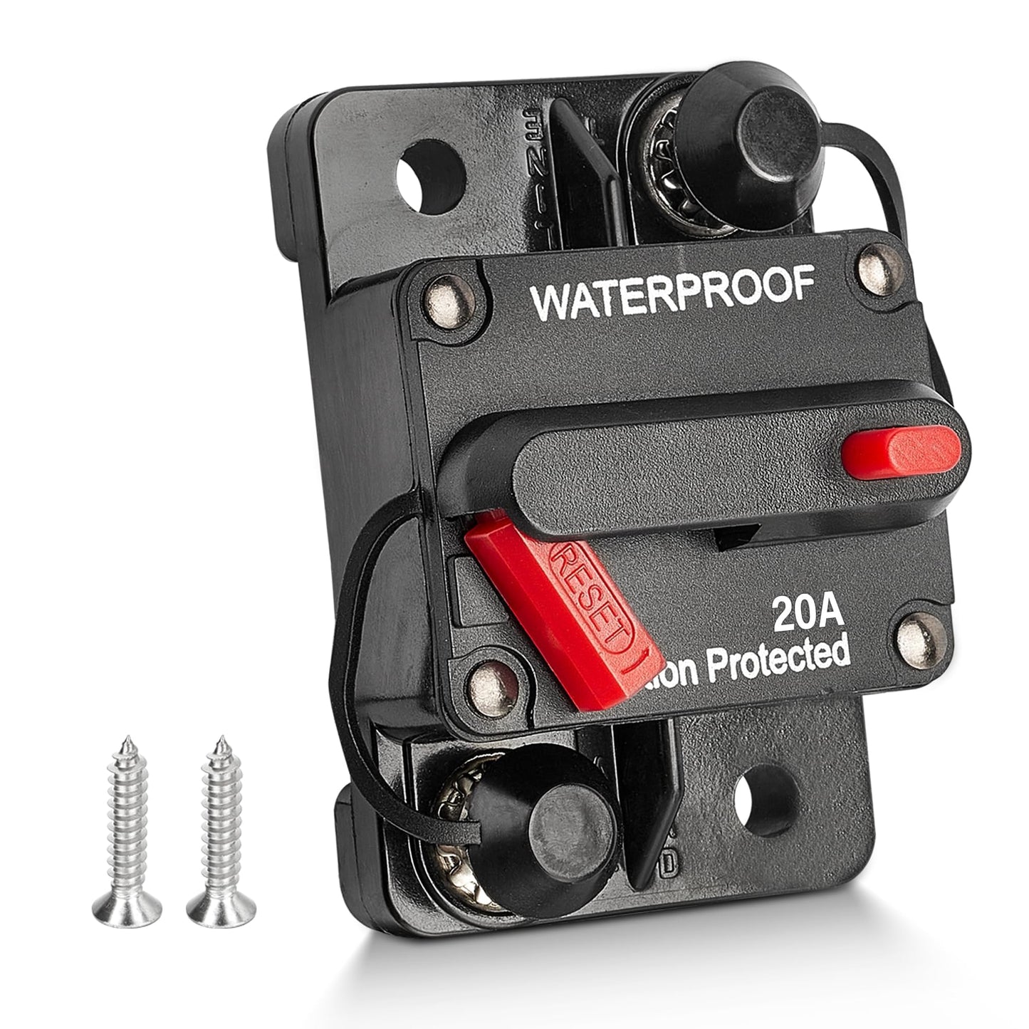 RED WOLF 20A Circuit Breaker Holder W/Manual Reset Switch 12-48V DC for Boat Trolling Motor Marine ATV Trailer Vehicles Stereo Audio Electronic Battery Fuse Solar Power System, 20 Amp Screws