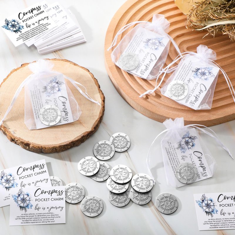 Beeveer 50 Sets Compass Pocket Tokens Bulk Motivational Coins with ''Life is a Journey'' Quote, Cards and Organza Bags, Orientation Graduation Gifts for Students, Teachers, Friends