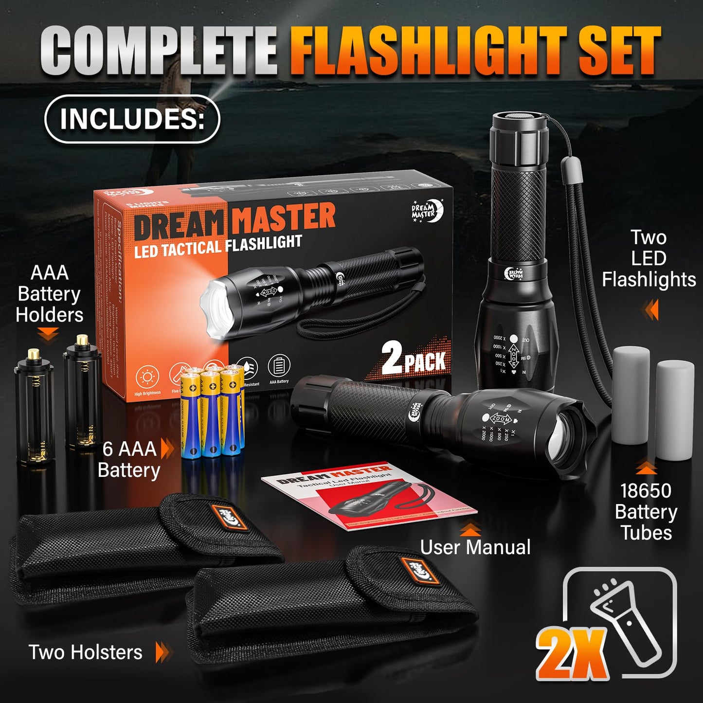 Dream Master 2 Pack LED Flashlights High Lumens with 6 AAA Batteries, 5 Modes Mini Waterproof Tactical Bright Flashlight for Camping Hiking, Fathers Day Gifts for Him, Men, Dad