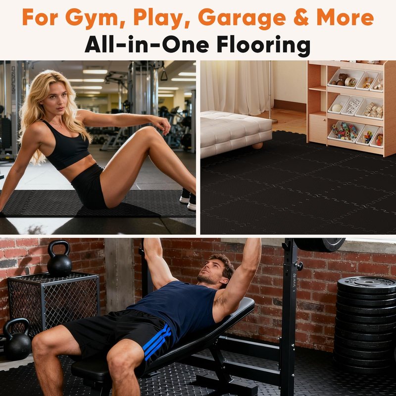 Sweetcrispy Interlocking Rubber Floor Tiles, 1/2 Inch Thick Non-Slip Gym Flooring Mats for Home Gym, Garage & Workout Space, 6 Pcs