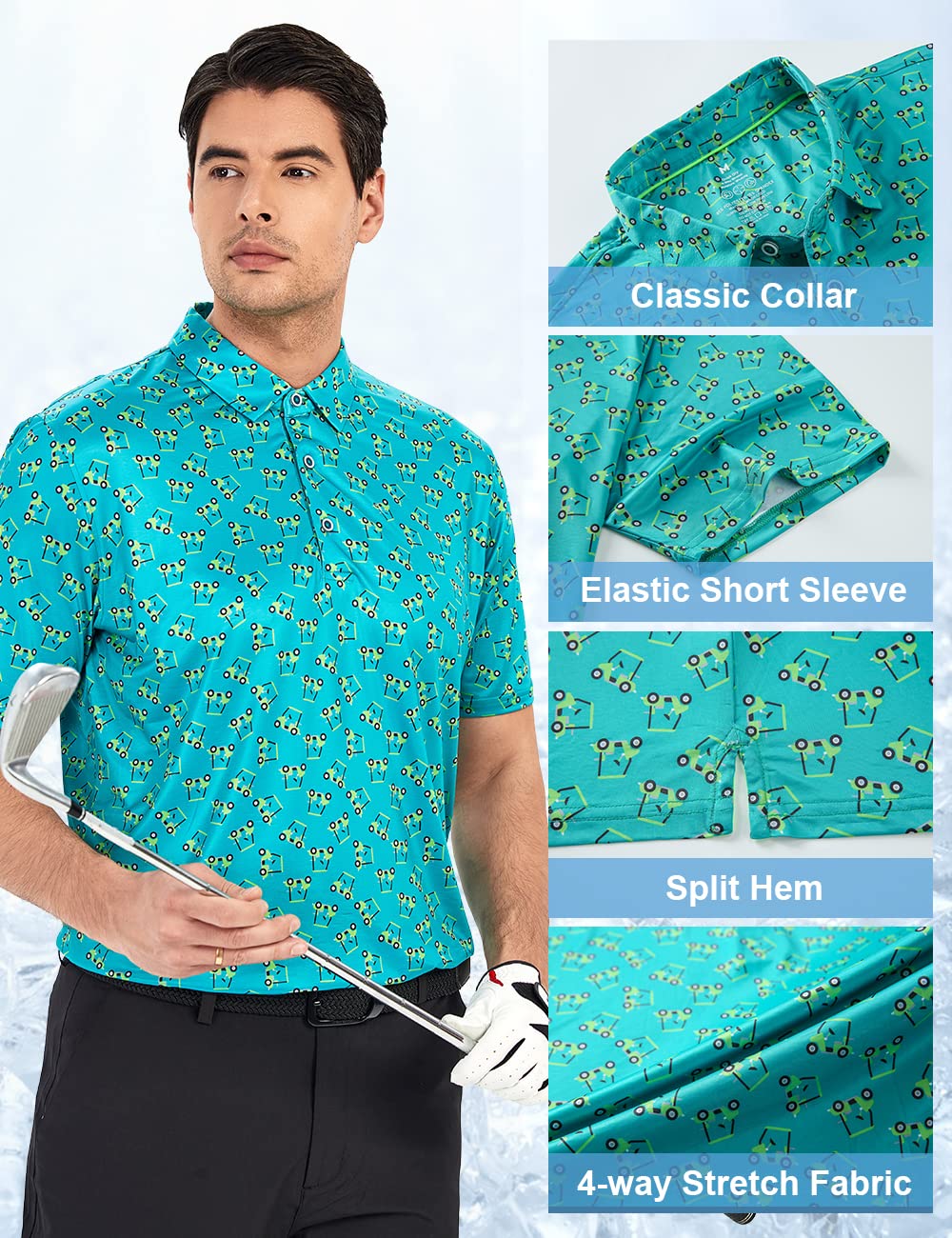 Hodaweisolp Golf Shirts for Men Dry Fit Print Moisture Wicking Performance Short Sleeve Polo Shirt Green Car-L