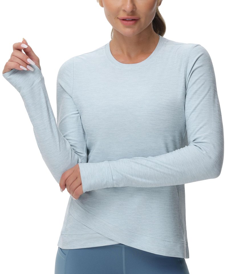 Women's Long Sleeve Compression Shirts Workout Tops Cross Hem Athletic Running Yoga T-Shirts with Thumb Hole Light Blue Heather
